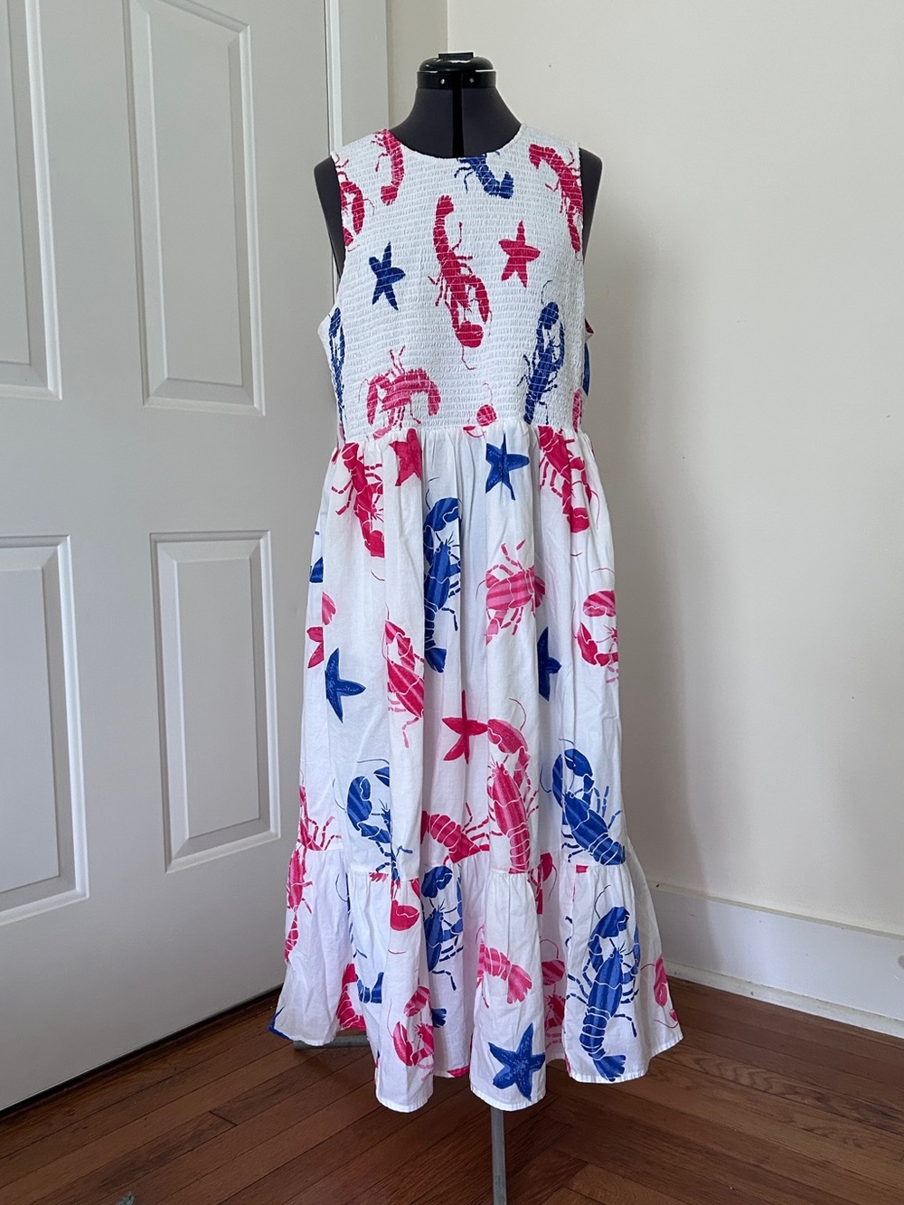 J. Crew White Maxi Dress with Pink & Blue Lobster Sea Life Print
